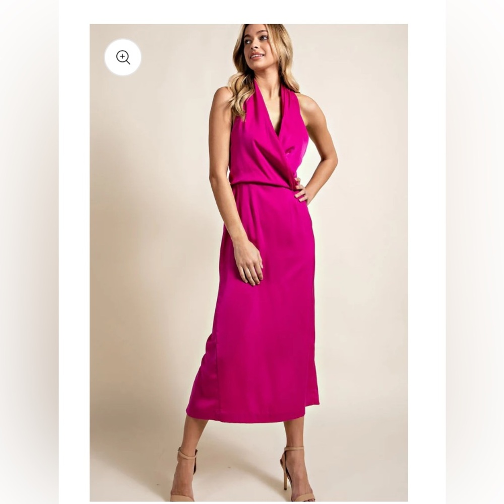 Hot Pink Satin Halter Maxi Dress